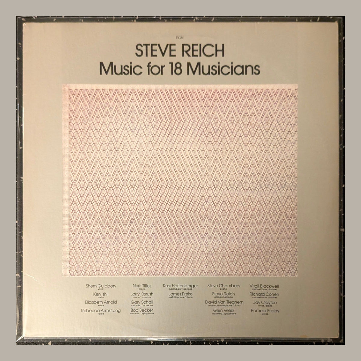 Steve Reich - Music for 18 Musicians (1978 ECM), actual copy, front album cover, straight and centered in a matching light frame