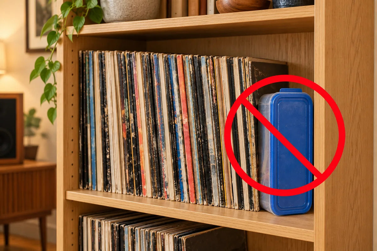 A borrowed blue food-storage container holding a row of vinyl records in an oak bookcase, marked with a red no symbol.