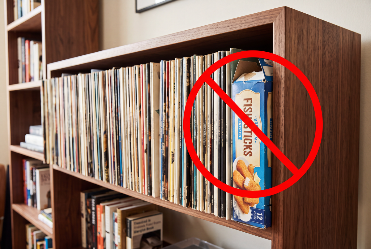 A fish-stick box used as makeshift record support in an angled walnut shelf, marked with a red no symbol.