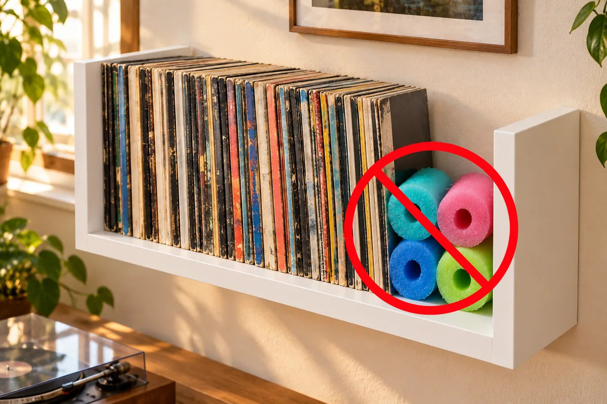 Pieces of pool noodle filling the gap beside vinyl records on a white shelf with solid sides, marked with a red no symbol.