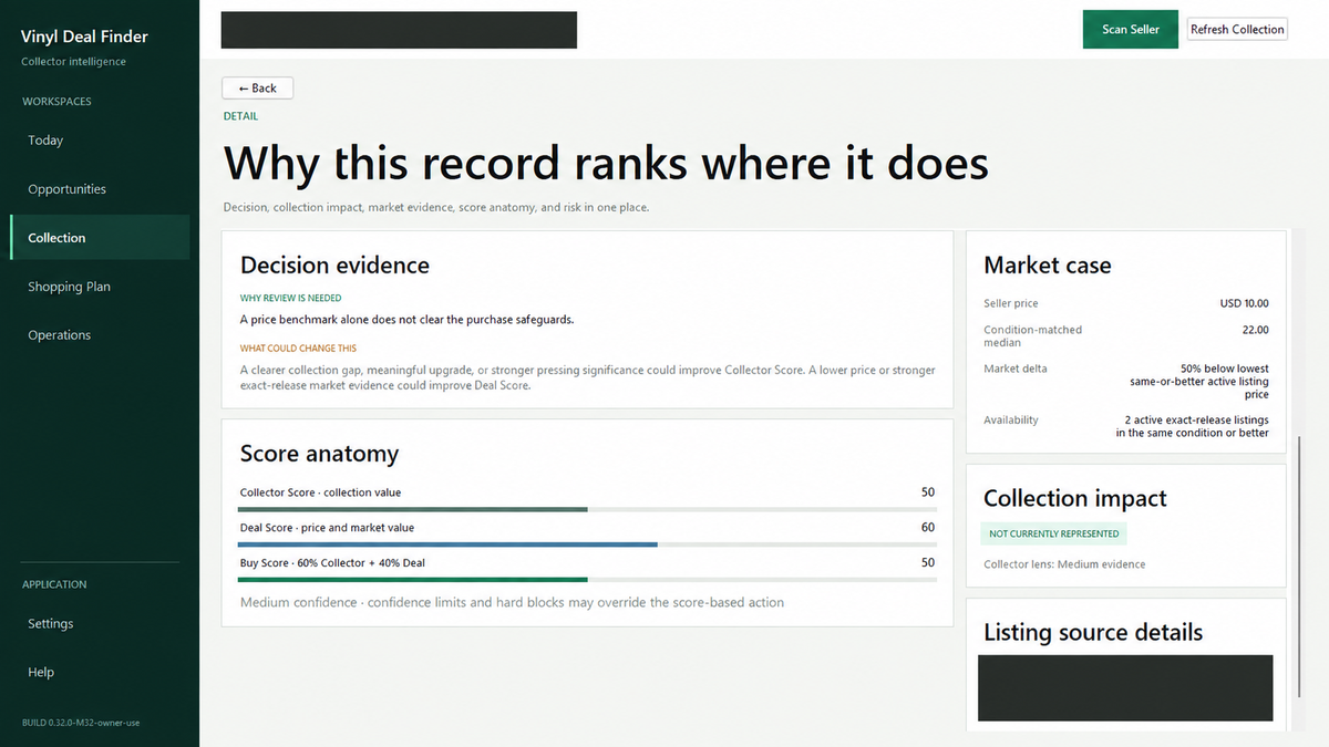 Vinyl Deal Finder evidence-detail development preview with seller and account identifiers redacted; illustrative test data