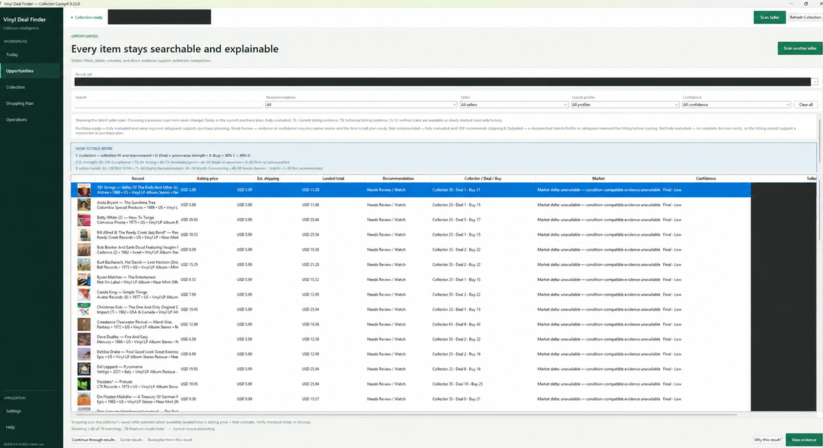 Vinyl Deal Finder Opportunities development preview; seller, account, and scan identifiers redacted