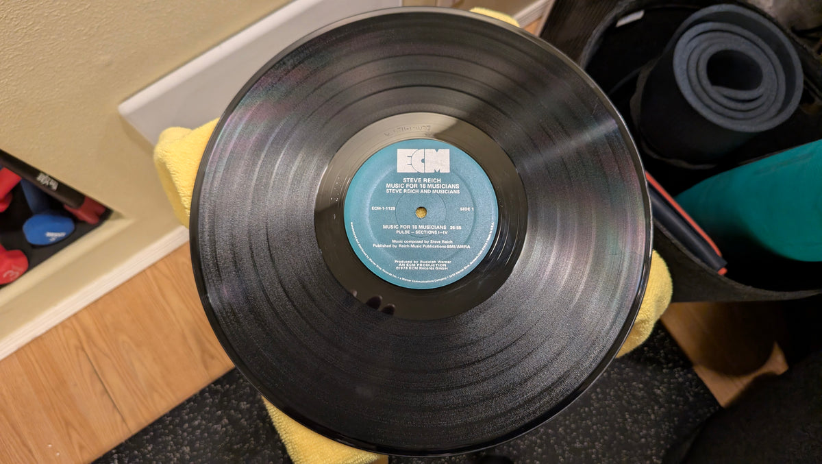 Steve Reich — Music for 18 Musicians: side one and ECM-1-1129 label of the actual copy for sale
