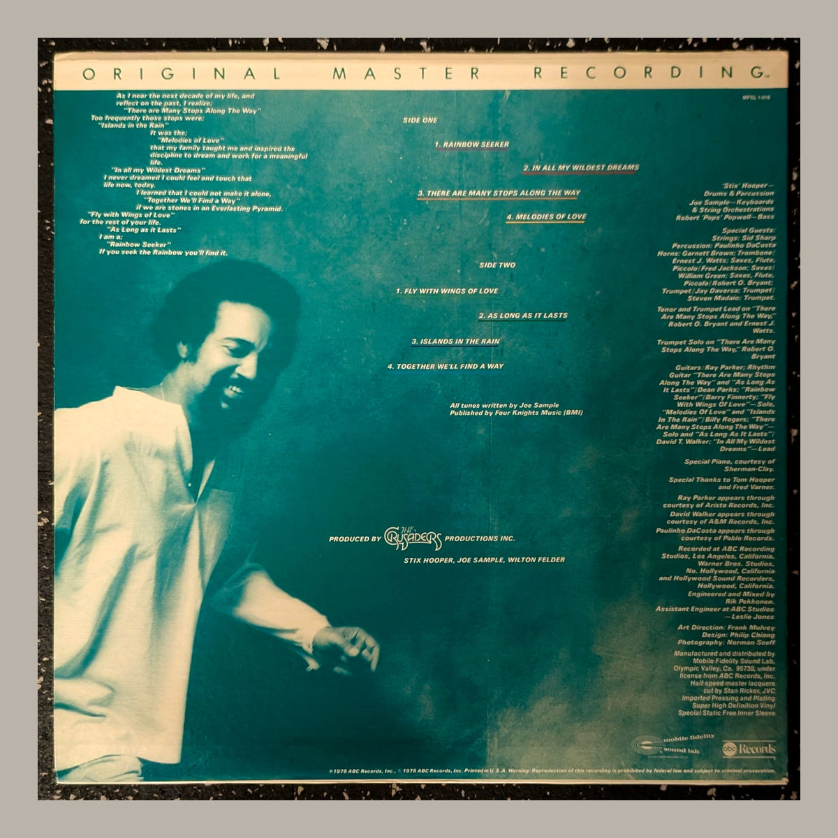 Joe Sample - Rainbow Seeker (Mobile Fidelity MFSL 1-016), actual copy, back album cover, straight and centered in a matching light frame