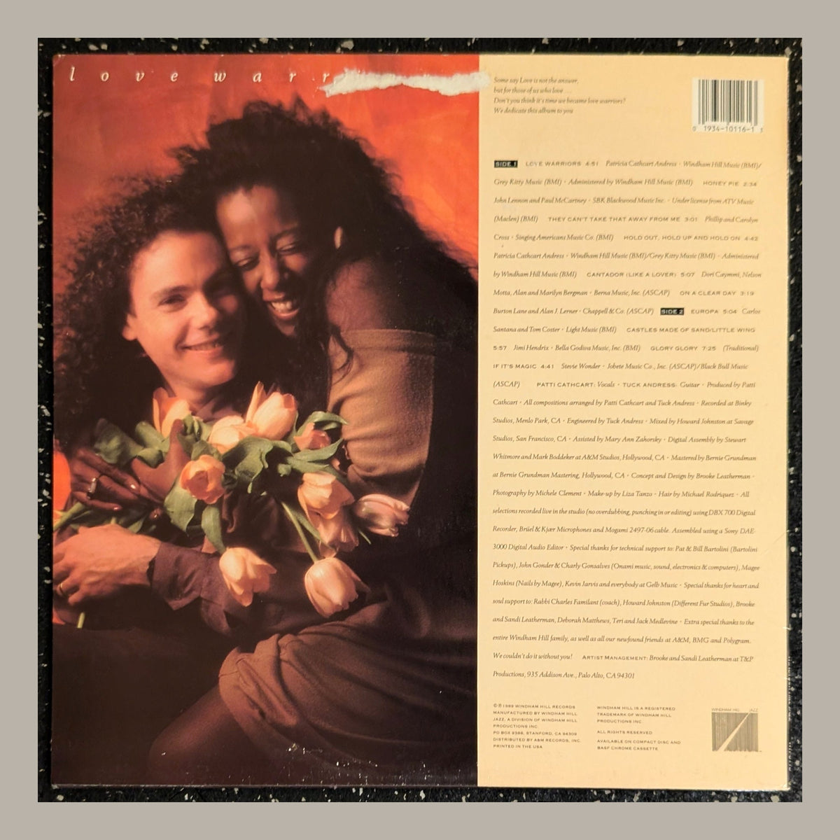 Tuck & Patti - Love Warriors, actual copy, back album cover, straight and centered in a matching light frame