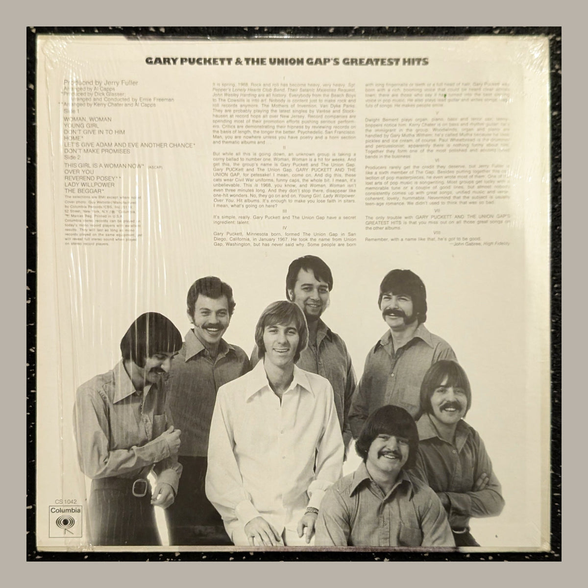 Gary Puckett & The Union Gap - Greatest Hits, actual copy, back album cover, straight and centered in a matching light frame