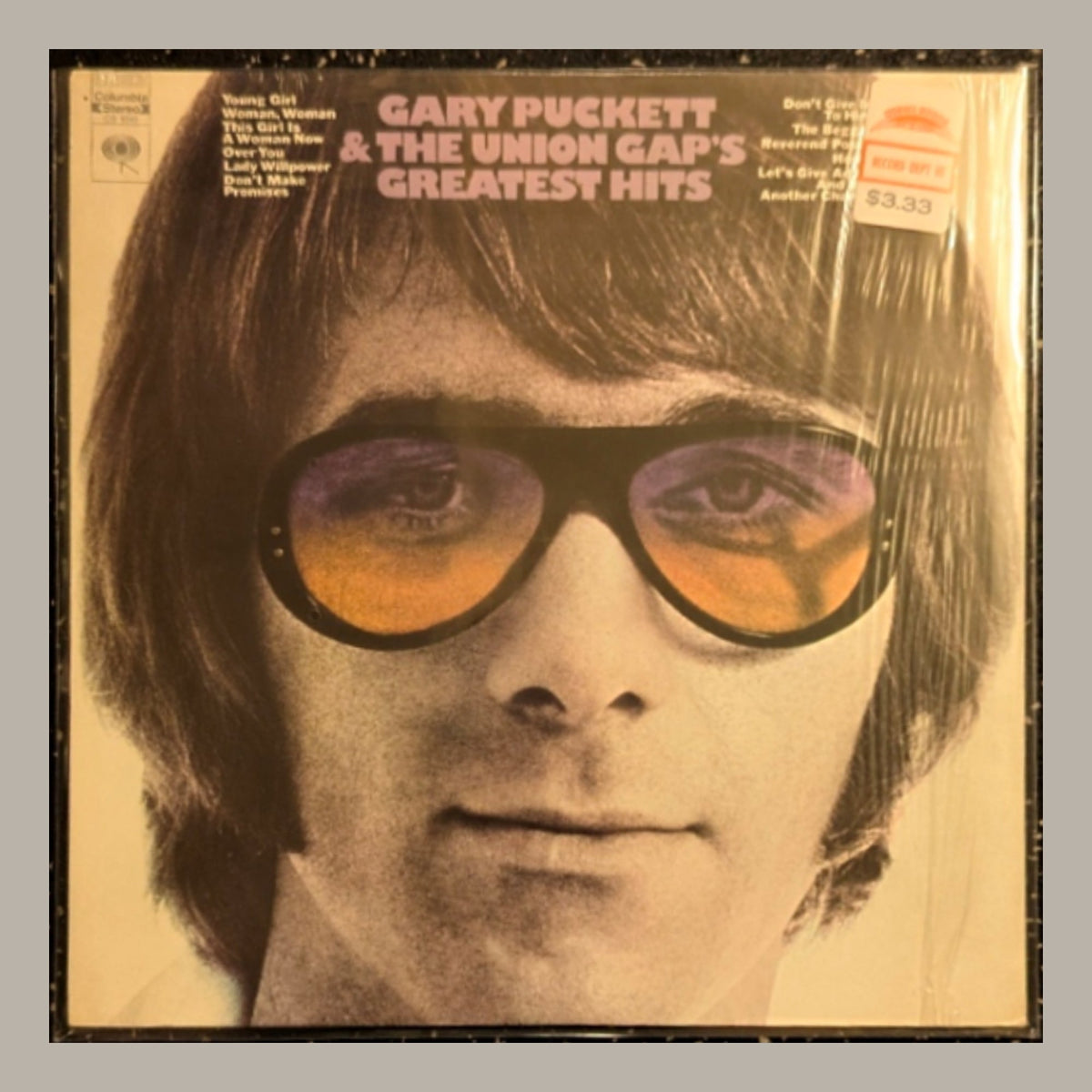 Gary Puckett & The Union Gap - Greatest Hits, actual copy, front album cover, straight and centered in a matching light frame
