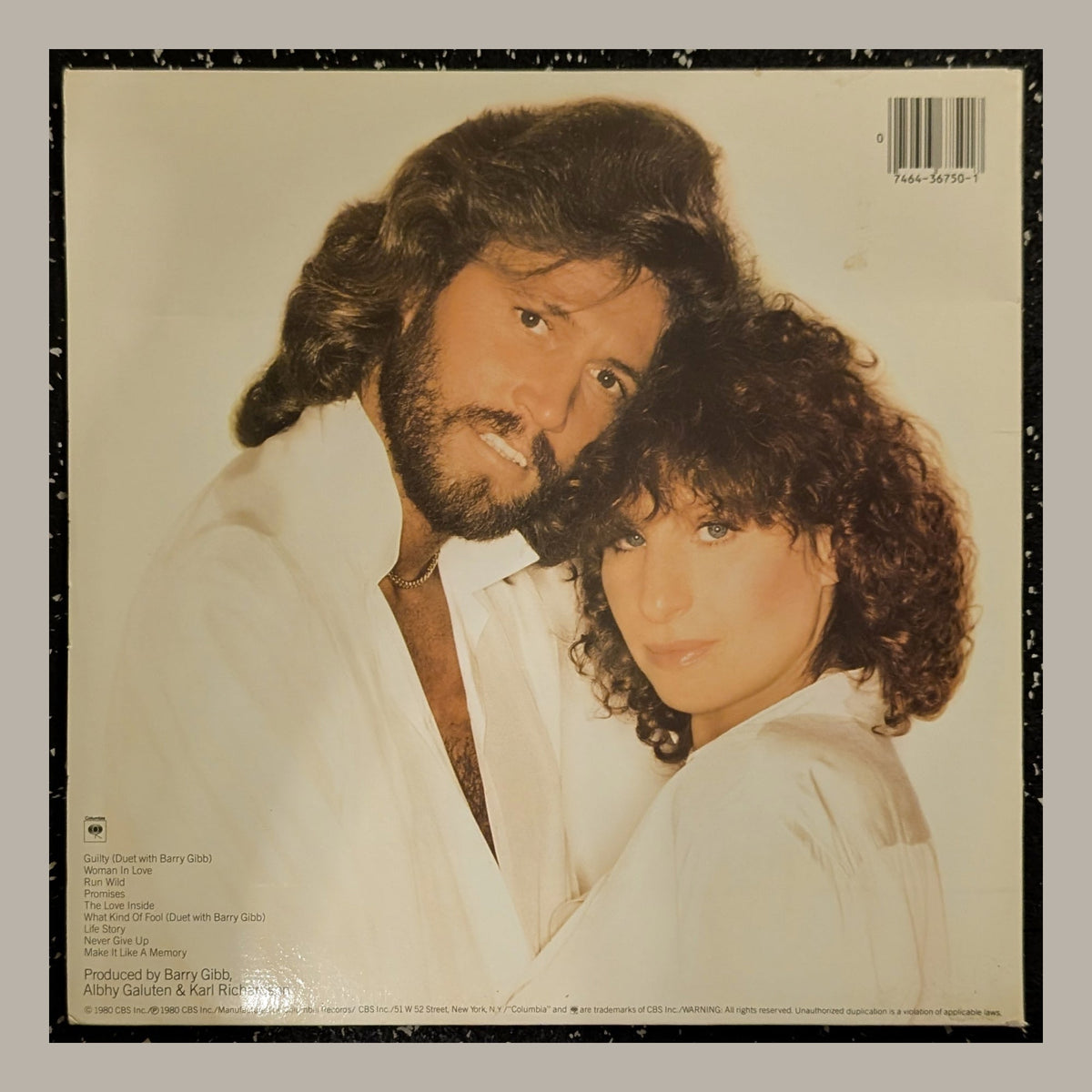 Barbra Streisand - Guilty, actual copy, back album cover, straight and centered in a matching light frame