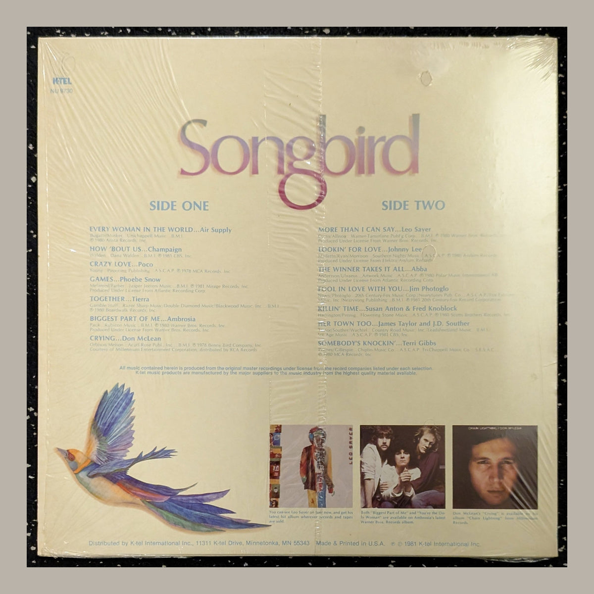 Various Artists - Songbird, actual copy, back album cover, straight and centered in a matching light frame