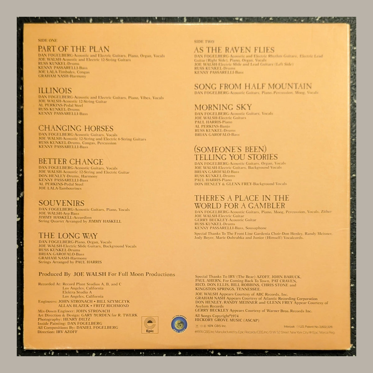 Dan Fogelberg - Souvenirs, actual copy, back album cover, straight and centered in a matching light frame